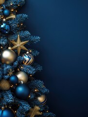 Wall Mural - blue and gold christmas tree toys on a dark blue background, christmas tree, festive atmosphere, fre
