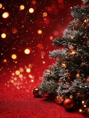 Wall Mural - christmas background with xmas tree and sparkle bokeh lights on red canvas background. merry christm