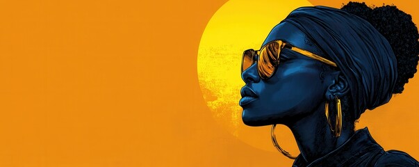 Wall Mural - Stylish woman wearing sunglasses with a vibrant orange background and sun