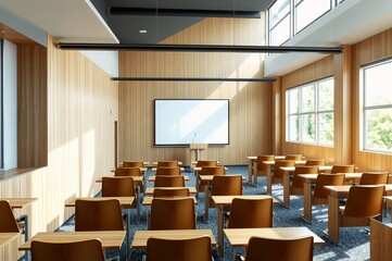 Modern Classroom Interior with Wooden Design and Natural Light