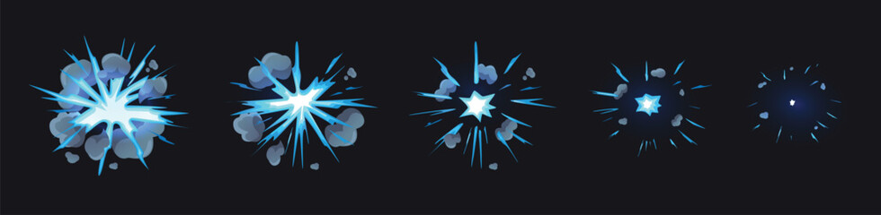 Poster - cartoon energy explosion animation. glowing burst effect sequence with dynamic smoke clouds, lightni