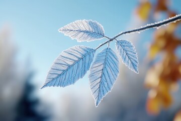 Poster - Frost-covered leaves glisten in the winter sun, showcasing intricate patterns against a soft blue backdrop.