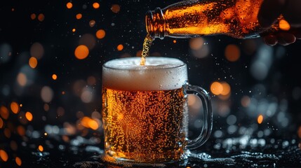 Wall Mural - Beer pouring into a glass with a bokeh background.