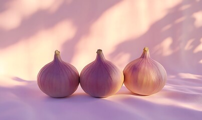 Wall Mural - Three Pink Onions Arranged on a Soft Pink Surface