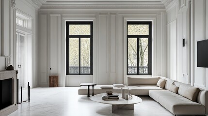 Wall Mural - Elegant minimalist living room with large windows, beige sofa, and marble coffee table.