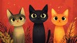 © mochalfin - Three adorable cats with big eyes sitting together in autumn foliage against a red background.