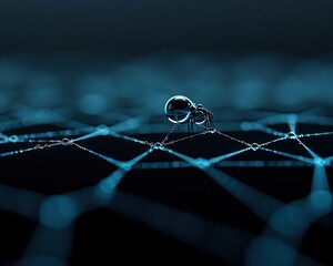 Poster - A close-up of a droplet on a network of fine strands, creating an intriguing contrast with a dark background.