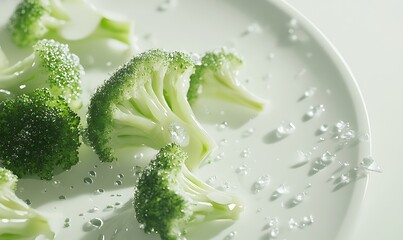 Wall Mural - Fresh Broccoli Florets on a Plate with Water Droplets