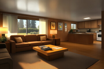 Poster - Cozy living room with natural light and open kitchen in a modern home setting