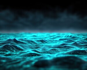 Poster - Glowing turquoise waves illuminated by an ethereal light against a dark stormy ocean backdrop.