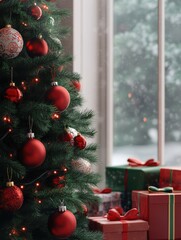 Wall Mural - close up of christmas tree with red and green ornaments, presents under the tree