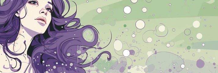 Poster - Serene head outline in purple with neon dots on green background for a tranquil atmosphere