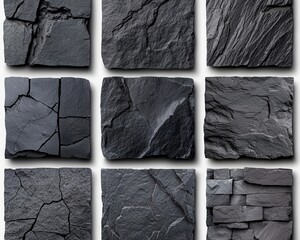 Poster - A collection of dark slate textures showcasing various patterns and finishes in a modern design aesthetic.