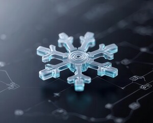 Poster - A delicate icy blue snowflake rests on a dark, abstract background, showcasing intricate details and a serene mood.