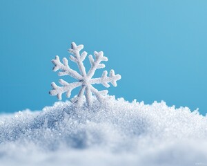 Poster - A close-up of a delicate snowflake resting on a bed of soft, sparkling snow against a serene blue backdrop.