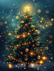 Wall Mural - christmas tree with baubles and blurred shiny lights