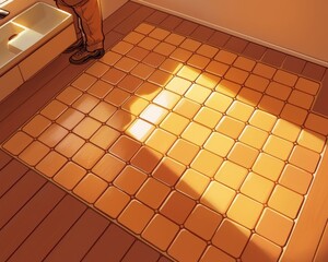 Poster - A warm, sunlit room with a pattern of tiles on the floor, highlighting a person's shadow. Ideal for cozy home themes.