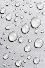 Poster - Close-up of clear water droplets on metallic surface, showcasing reflections and texture.