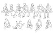 © Galina - Vector silhouettes of a men and a women sitting on a bench, a group of business people, hand draw, linear sketch, black color on a white background