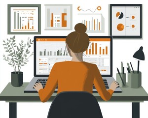 Poster - A young Caucasian woman focused on analyzing data on her computer in a modern workspace, surrounded by graphics and plants.