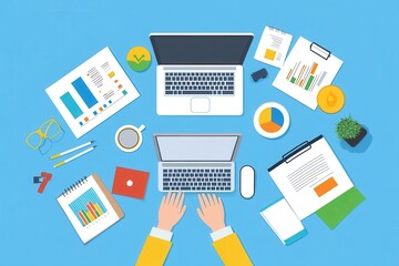Poster - A top view of a workspace featuring laptops, charts, and coffee, conveying a productive and organized environment.