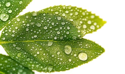 Wall Mural - Green leaf with many water droplets glistening