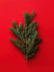 Poster - Fir branches with Christmas decoration on red background, flat lay. Space for text