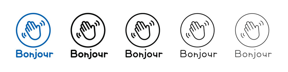 Aufkleber - Bonjour text with hand wave icon Outline vector logo for web ui