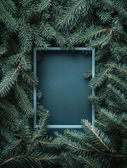 Wall Mural - holiday background with frame in the middle of evergreen tree branches, christmas and festive season