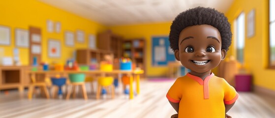 A cartoon boy is smiling in a classroom