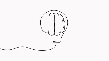 Poster - Human brain inside light bulb continuous line art drawing video. Wisdom concept animation. Animated intellectual property sign.