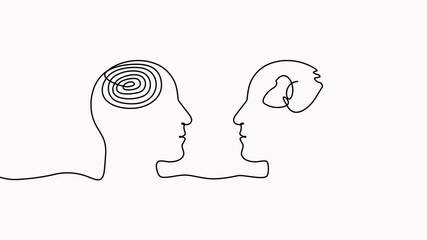 Poster - Human heads with chaos and order thoughts continuous line drawn animation. Mental health therapy concept animated video.