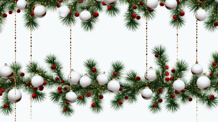 Wall Mural - Christmas tree branches with white baubles and red berries on white background