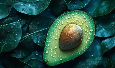 Sticker - Dewy Avocado Half Resting on Lush Green Leaves