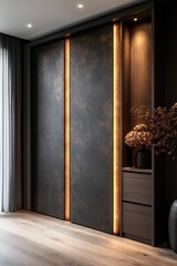 Wall Mural - Modern dark sliding wardrobe with illuminated panels and built-in drawers.