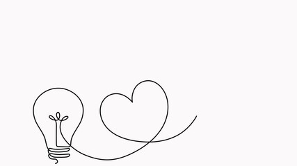Poster - animated lightbulb with flying paper plane with heart path continuous line drawing video. create ide