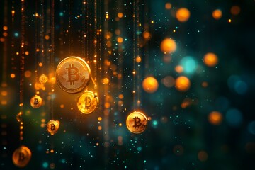Fototapete - Bitcoin cryptocurrency coins hanging on golden chains on blockchain abstract background