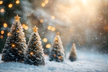 Poster - Miniature christmas trees covered by snow with golden stars on top sparkling in warm sunlight