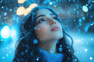 Poster - Beautiful woman enjoying falling snow at night