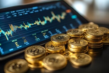 Poster - Bitcoin cryptocurrency coins showing positive trading chart on digital exchange