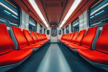 Aufkleber - Empty modern subway car with red seats waiting for passengers