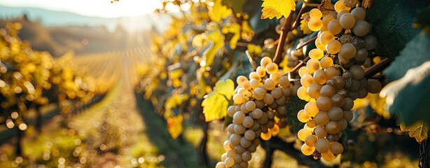 Wall Mural - Autumn harvest of white wine grapes in Tuscany vineyards near an Italian winery, web banner format