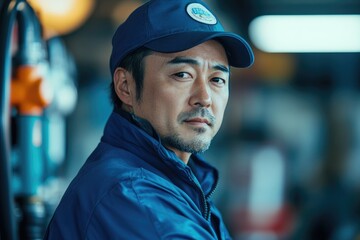 Poster - Confident asian technician wearing uniform and backpack in factory
