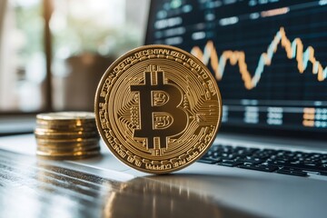 Fototapete - Bitcoin cryptocurrency coin standing on laptop showing stock market data