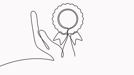 Wall Mural - Award badge in hands continuous line art drawn animated video. Winning ribbon with wave line animation.