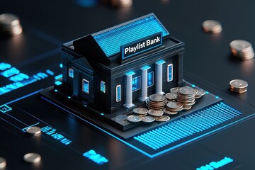 Poster - 3D icon of a digital bank building with blue roof and virtual coins