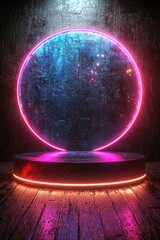 Poster - Futuristic 3D podium with a vibrant neon glass circle frame in dark room