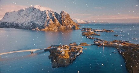 Wall Mural - aerial view of snowy mountains, islands with rorbuer houses, sea, bridge, road, sky with clouds at s