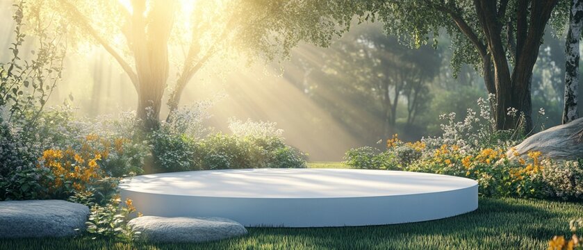 A 3D rendering of a white podium set in a garden illuminated by sunlight.