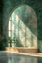Poster - Elegant minimalist archway with sunlight and potted plant display